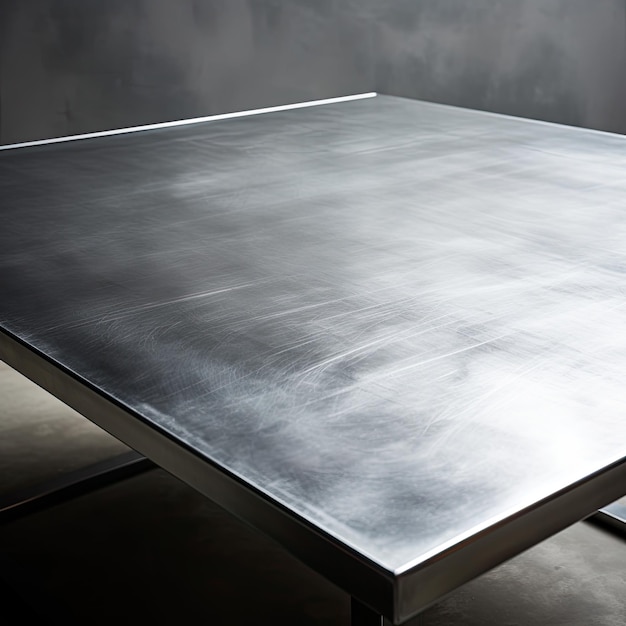 A closeup of a polished steel table