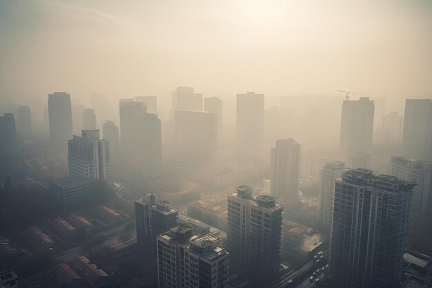 Closeup of polluted city skyline with smog and haze obscuring the view