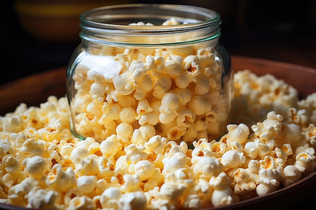 Closeup of popcorn kernels in a glass jar