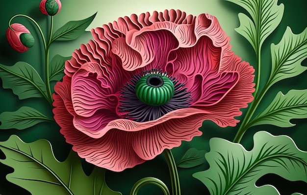 A closeup of a poppy blossom pink flowers with green leaves outlined in filigree