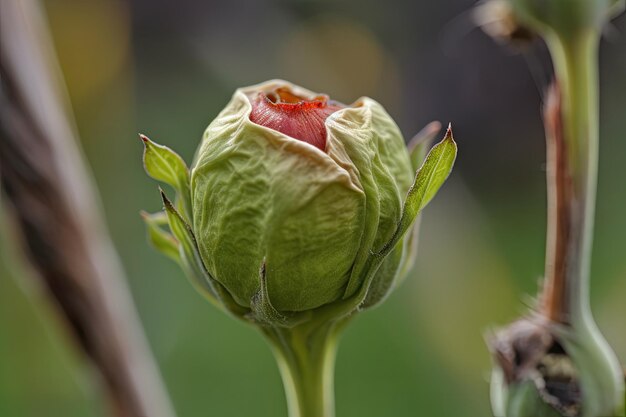 Photo closeup of poppy bud in the early stages of blooming created with generative ai