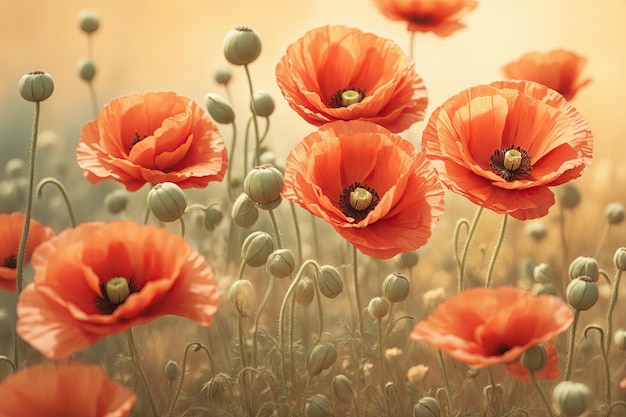 closeup poppy flowers on flat pastel background ai generative