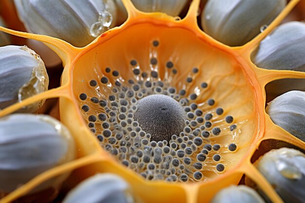 Closeup of poppy seeds inside the seed pod