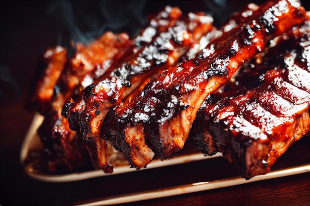 Foto primo piano di costine di maiale grigliate con salsa barbecue e caramellate nel miele costine di maiale speziate alla brace servite con salsa barbecue un grande pezzo fumante fragrante di petto di manzo al forno sulle costole