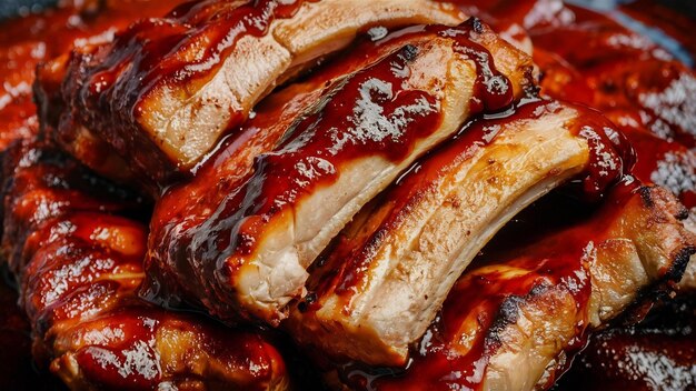 Photo closeup of pork ribs grilled with bbq sauce