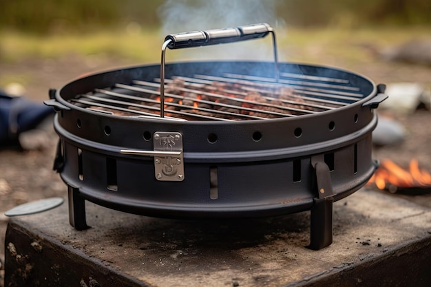 Closeup of portable grill with char marks and smoky smell created with generative ai