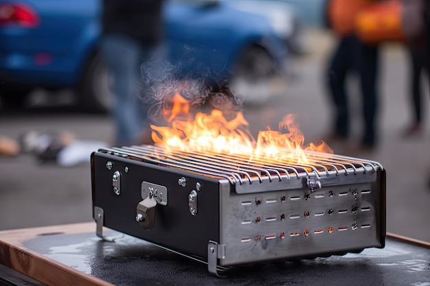 Closeup of portable grill with flames and smoke visible created with generative ai