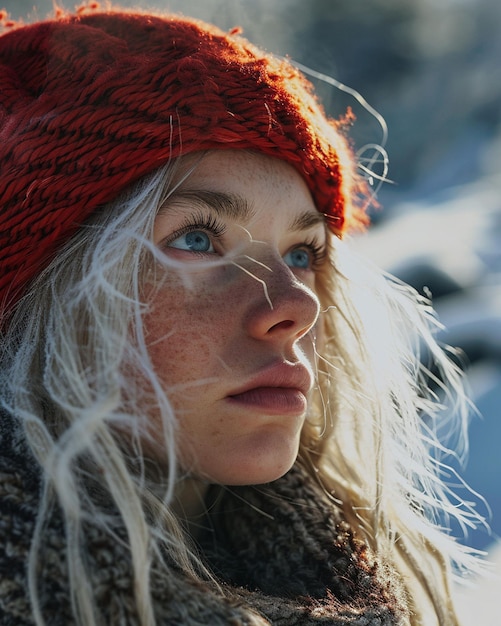 Foto un ritratto di una ragazza islandese di 21 anni con un vestito a testa rossa in inverno