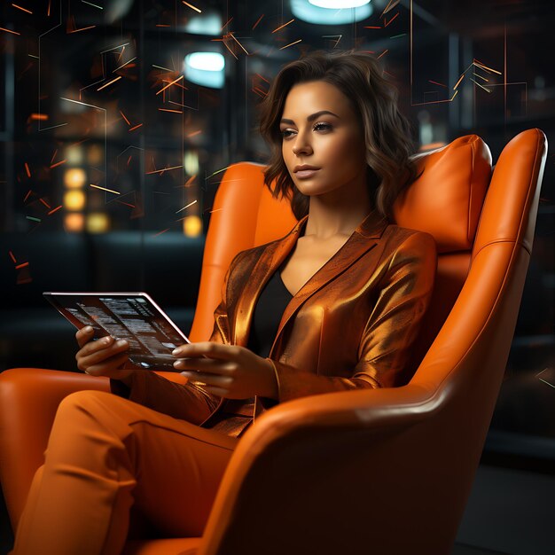 Closeup portrait of 35 years old stylish woman UX Designer using a high tech hologram screen trader