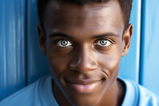 Closeup portrait of an African American man with blue eyes Man looking at camera smiling