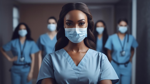 Closeup portrait of a africanamerican female nurse surrounded by colleaguesSreated with Generative AI technology