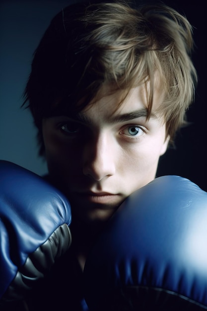 青い手袋を身に着けているアマチュア ボクサーのクローズ アップの肖像画