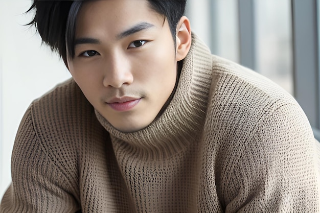 Closeup portrait of an Asian man in beige daylight