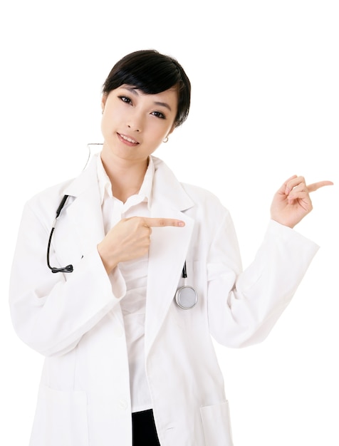 Closeup portrait of Asian medicine doctor woman on white background.