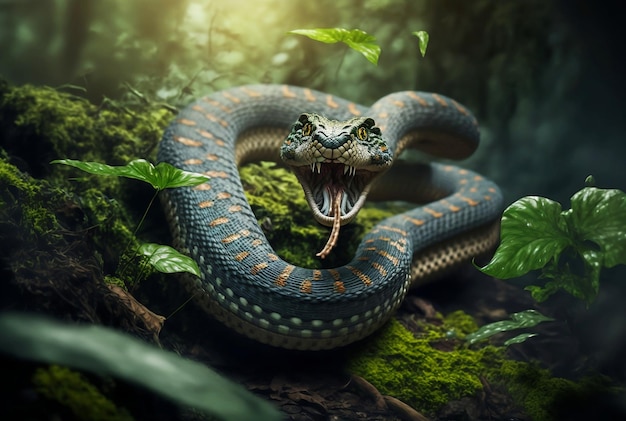 Closeup portrait of attacking cobra in jungle