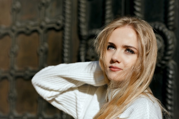 Closeup portrait of attractive model with natural makeup posing near metal wrought door. Space for text