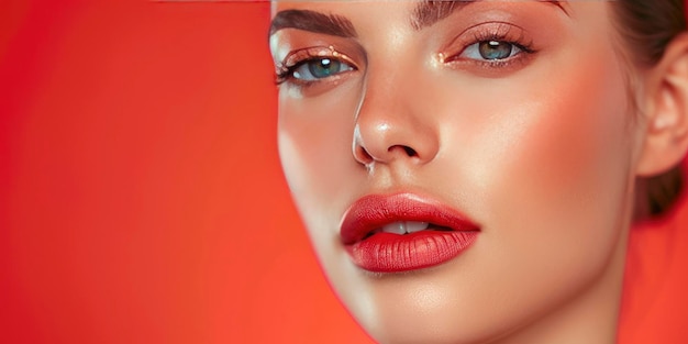 Photo a closeup portrait of an attractive woman with flawless makeup showcasing her lips and nose against the backdrop of a vibrant coral red background