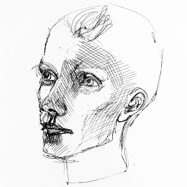 Photo closeup portrait of bald woman drawing by hand with black ink on paper black and white artwork