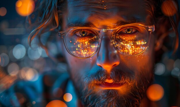 Photo closeup portrait of bearded man in glasses with bokeh reflection on face