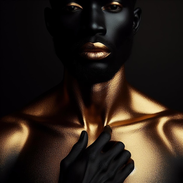 Closeup portrait of a beautiful african american man with gold bodyart