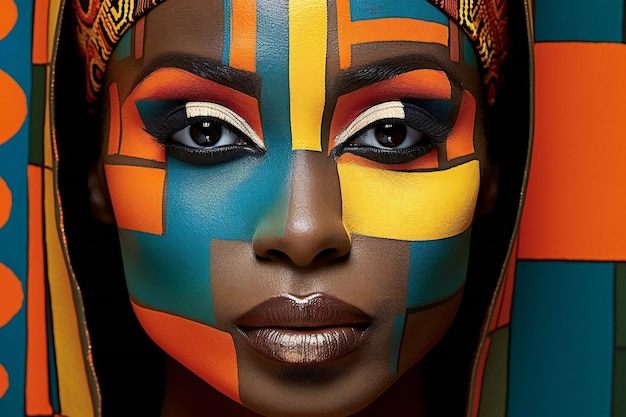 クリエイティブなメイクアップをしている美しいアフリカの女性のクローズアップ肖像画