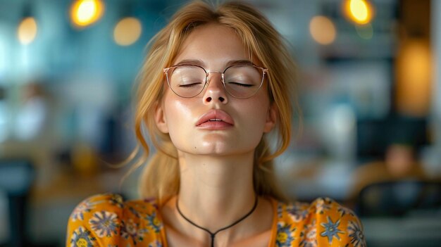 Closeup portrait of a beautiful blonde girl with glasses in a cafe
