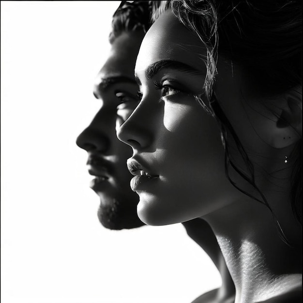 Closeup portrait of a beautiful couple in love Black and white photo