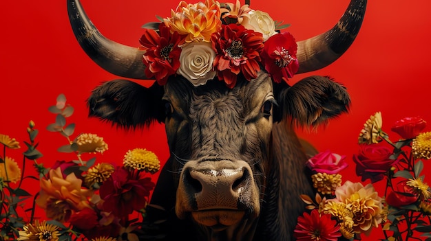 Foto ritratto in primo piano di una bella mucca con una corona di fiori fatta di fiori rossi e bianchi