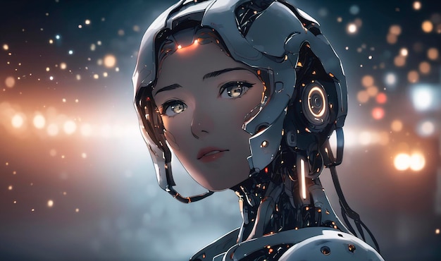 Closeup portrait of a beautiful cyber woman in futuristic costume Generative AI