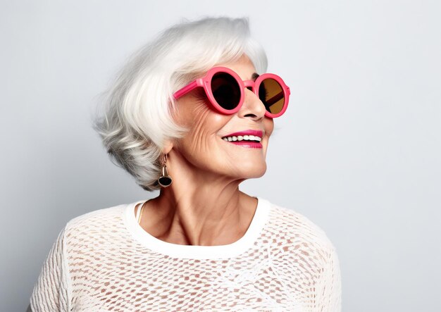 Closeup portrait of beautiful elderly woman in trendy fashion