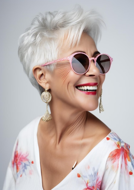 Closeup portrait of beautiful elderly woman in trendy fashion