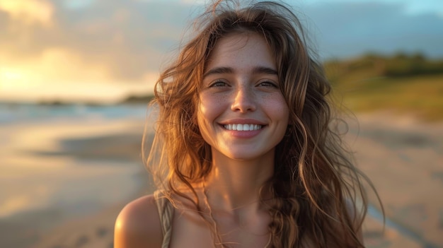 Closeup portrait of a beautiful girl on the beach at sunset Generative AI