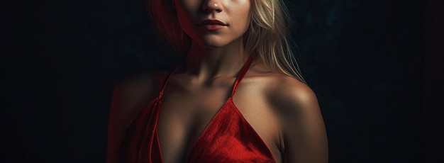 Photo closeup portrait of a beautiful girl in a red dress on a black backgroundgenerative ai