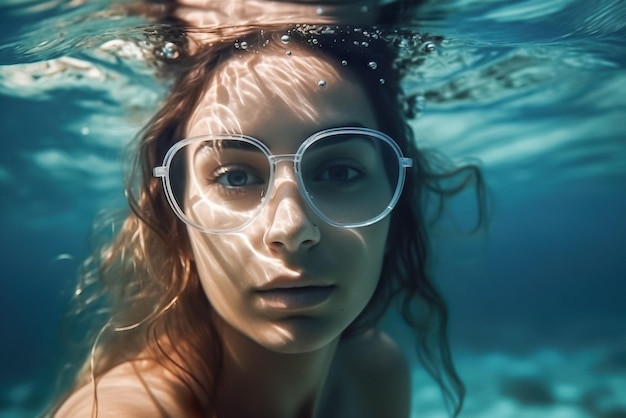 Foto ritratto in primo piano di una bella ragazza sott'acqua fotografia subacquea ai generativa