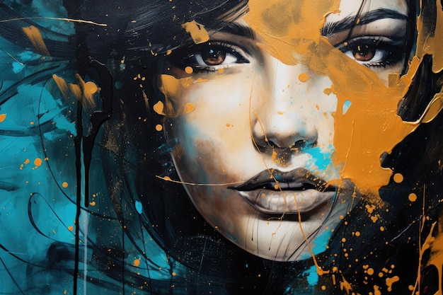 Closeup portrait of a beautiful girl with abstract makeup closeup painting wall futurism overturned princess impressionism gold black aqua colors AI Generated