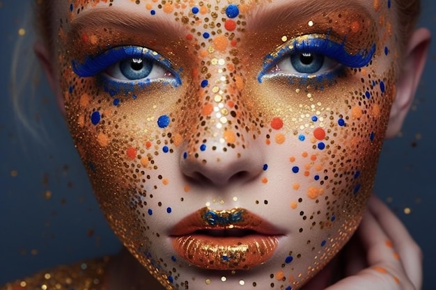 Closeup portrait of a beautiful girl with bright makeup and golden sparkles on her face