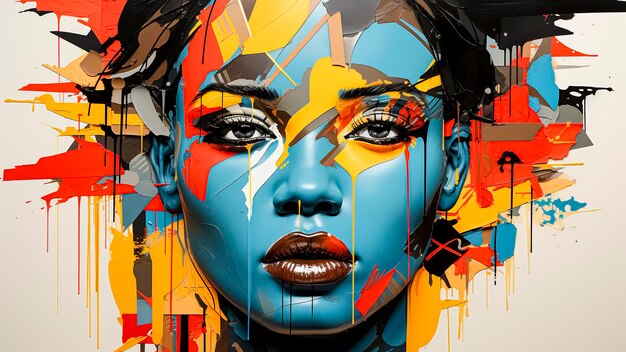 Closeup portrait of beautiful girl with colorful creative makeup Art collage