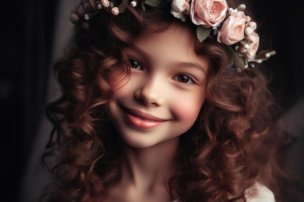 closeup portrait of a beautiful girl with flowers on her head on a dark background looking at the camera