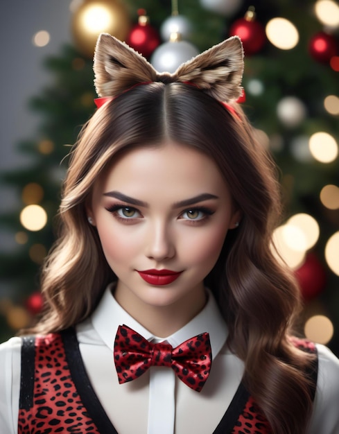 Closeup portrait of beautiful girl with red lips and bow tie