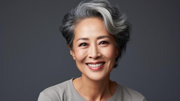 Closeup portrait of a beautiful and happy middleaged Asian woman Senior woman in her 50s looking