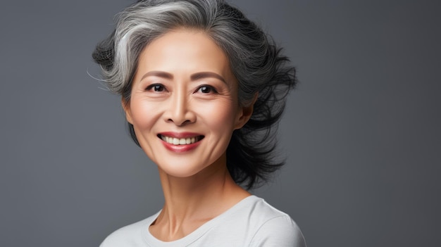 Closeup portrait of a beautiful and happy middleaged Asian woman Senior woman in her 50s looking