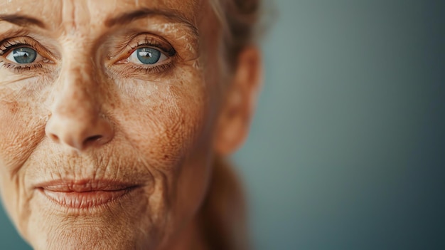 Photo closeup portrait of a beautiful mature woman with blue eyes and wrinkles on her face she is looking at the camera with a gentle smile