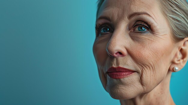 Photo closeup portrait of a beautiful mature woman with short blonde hair and blue eyes she is wearing a pearl earring and has a slight smile on her face