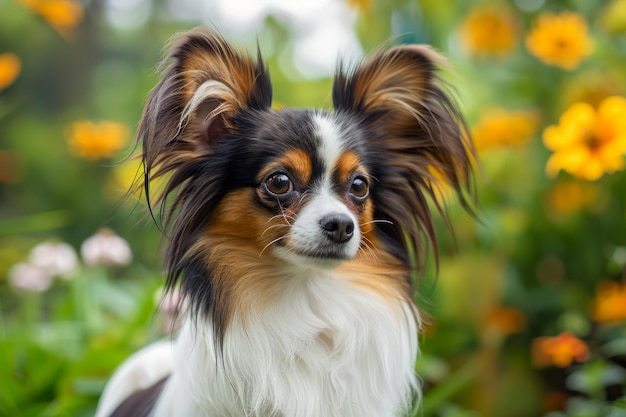 柔らかい焦点の庭園の背景で鮮やかな色彩を持つ美しいパピヨン犬のクローズアップ肖像画