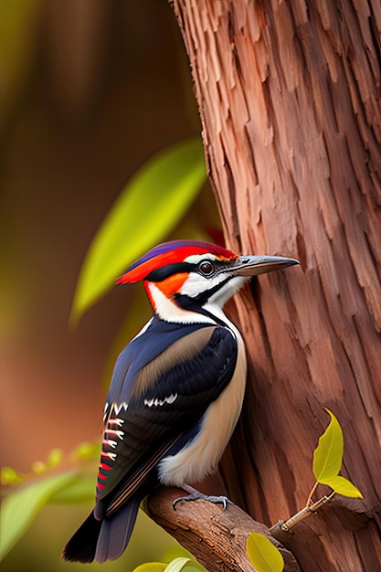 Closeup portrait of beautiful pileated woodpecker on tree