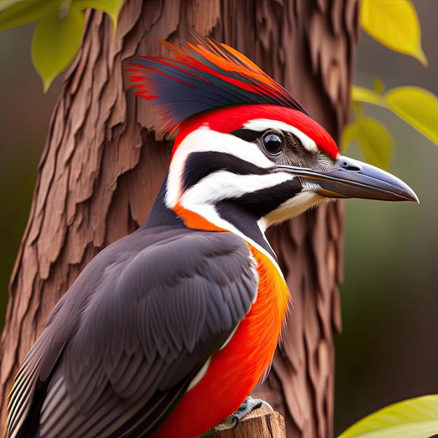 Closeup Portrait of Beautiful pileated woodpecker on tree