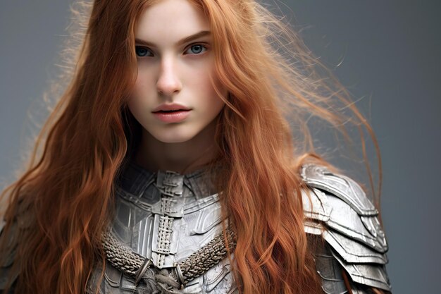 Closeup portrait of a beautiful redhaired girl in a medieval armor