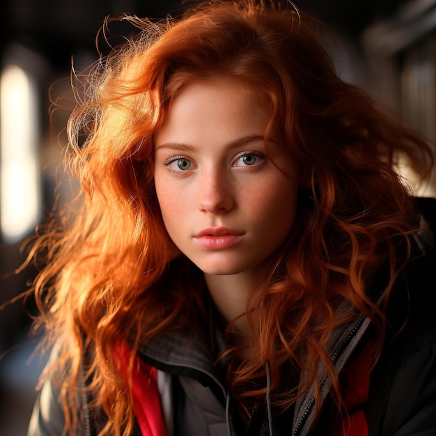 Closeup portrait of a beautiful redhaired woman photographed under sunlight