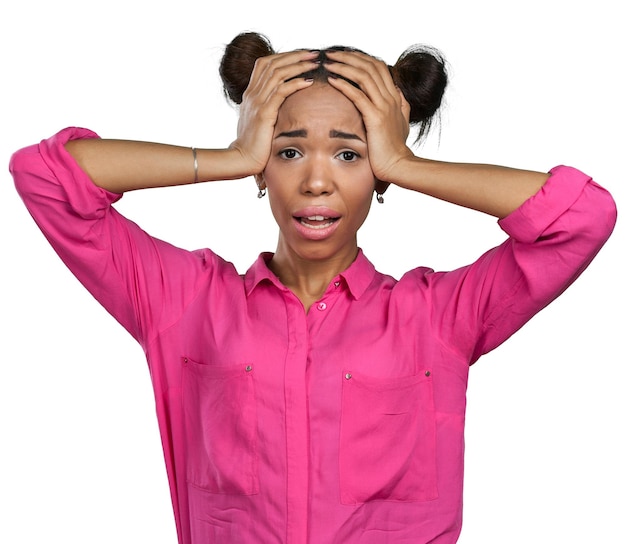 Closeup portrait of beautiful shocked mad young woman