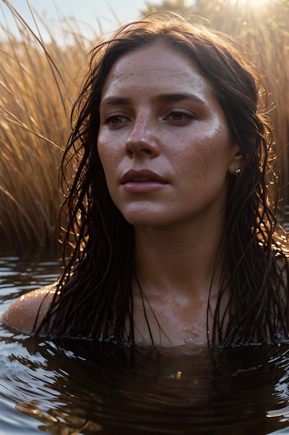 closeup portrait of a beautiful woman bathing in a river